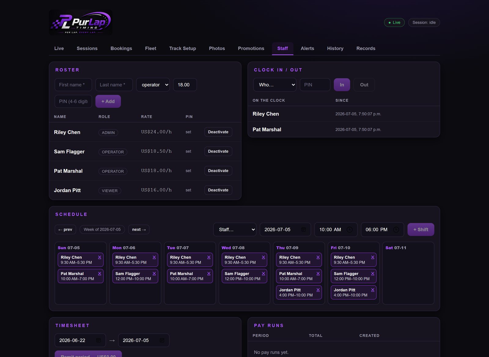 Staff management — roster, schedule, clock, pay